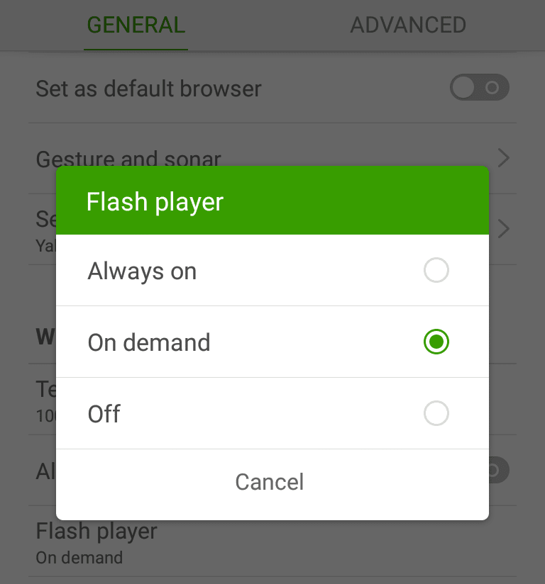 Dolphin Browser Flash Player Options