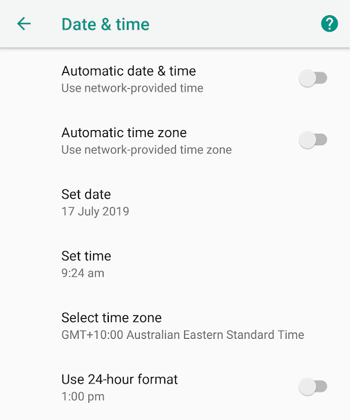 Date and Time Android Settings