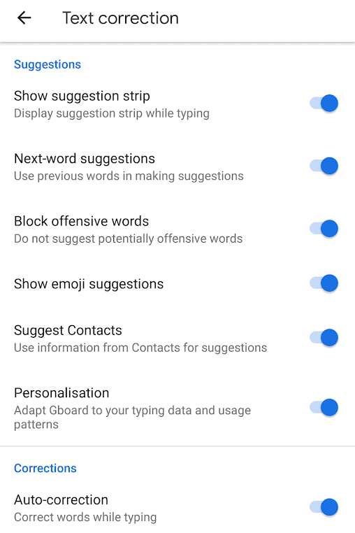 Text Correction Options in Google Keyboard