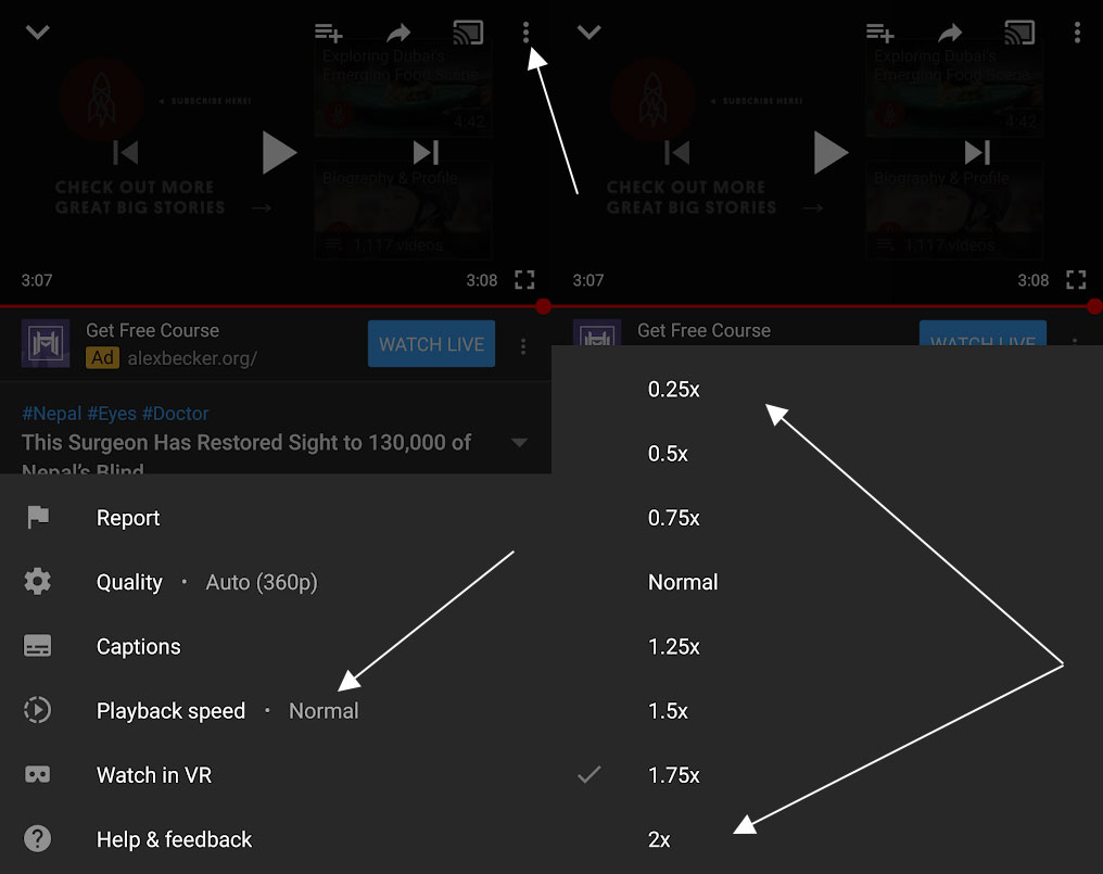 YouTube Playback Speed in Android App