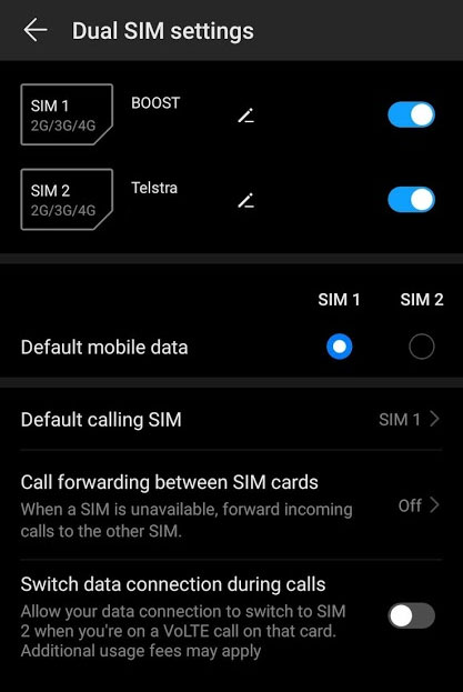Dual SIM Settings in Huawei P30 Pro